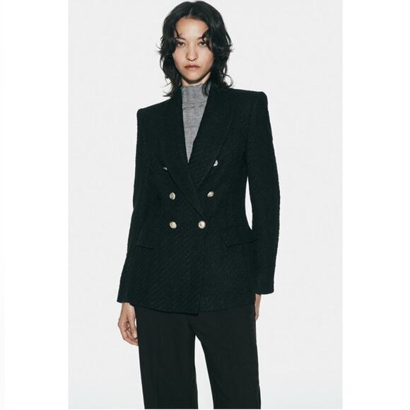 ZARA Black DOUBLE BREASTED TEXTURED WEAVE JACKET XS - Picture 1 of 11